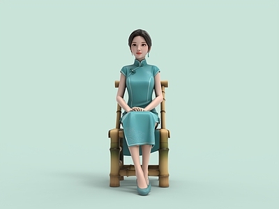 中式女人 旗袍美女 竹凳 竹椅 弄堂 茶馆