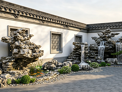 新中式景观庭院 假山叠水 苏轼庭院 太湖石 古建庭院 景观小品