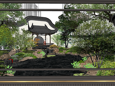 传统园林小区景观 中式示范区 中式半山亭 现代中式后场庭院