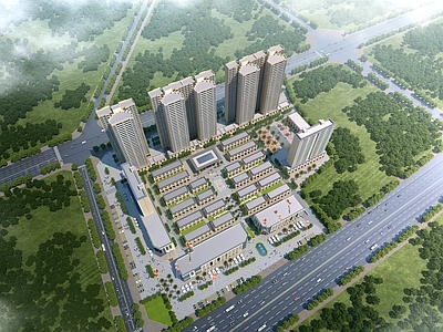 现代主义鸟瞰规划 商业综合体 沿街商铺 高层住宅 中式商业街