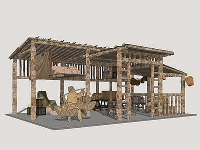 中式乡村庭院 影视乡村庭院 乡村柴房 乡村廊架 古代厨房