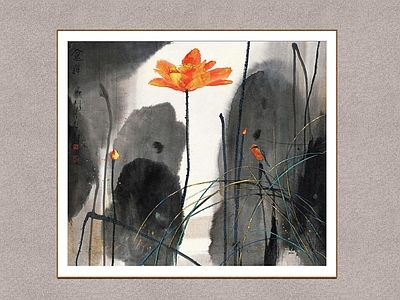 中式挂画 金莲 荷花图 杨明义 装饰画