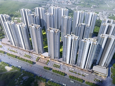 现代主义小高层住宅楼 国际化大社区 高层住宅 沿街透视 庭院透视 鸟瞰规划