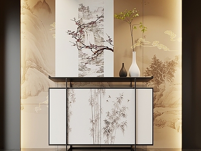 新中式玄关 玄关柜 端景柜 盆栽盆景 摆件