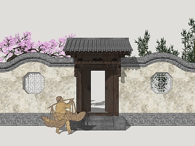 中式古建入口大门 古代民居院门 民居入户门 乡村民居大门 园林景观门
