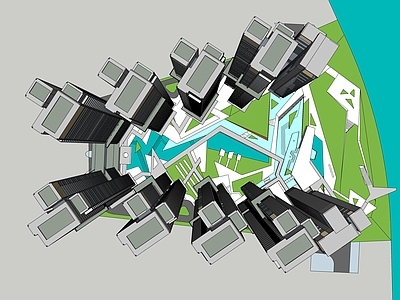现代主义超高层住宅楼 小区折线景观