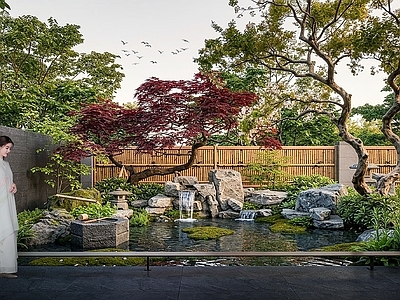 新中式景观别墅庭院 庭院 水景 景石
