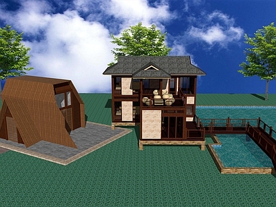 新中式民宿建筑 木屋民宿木建筑 木亭凉亭树屋 度假别墅