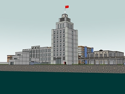 现代主义商业街 民国风街区 临河商业街 大上海风格 传统钟楼 青砖建筑