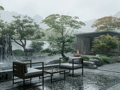 新中式景观别墅庭院 新中式庭院景观 新中式庭院水景 新中式景观廊架