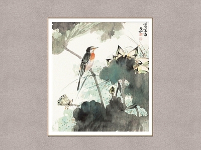 中式挂画 荷花小鸟 花鸟画 装饰画