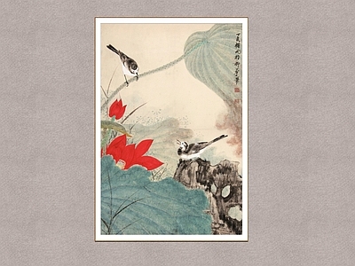 中式挂画 荷花翠鸟 花鸟画 装饰画 谢稚柳