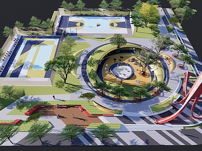 现代景观公园 街角儿童运动公园 街角口袋公园景观 体育运动公园 圆形儿童活动场地