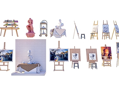 现代画具 画架画板静物台 画室陈设用品 石膏雕像 水彩颜料置物架 调色板画架画笔