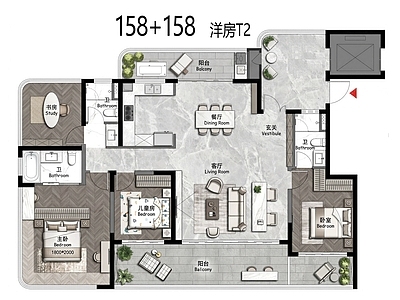 住宅楼建筑 四代宅 花园洋房 T2 158户型