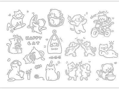 动物 现代动物简笔画 猫咪玩偶玩具 儿童墙饰挂件 卡通墙饰 彩绘壁画施工图