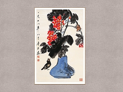 中式画框 八哥瓶花 花鸟画 唐云 装饰画