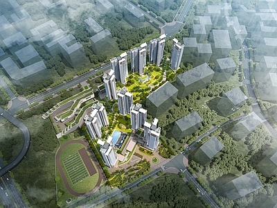 现代主义小高层住宅楼 鸟瞰规划 高层住宅 国际化大社区 多元化空间