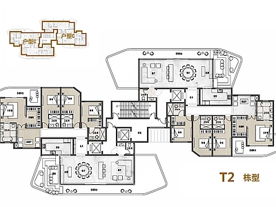住宅楼建筑 高层 T2户型 260平米 平面图