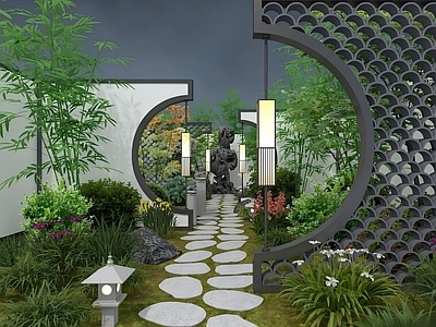 新中式景观别墅庭院 中式庭院