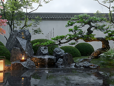 新中式景观别墅庭院 传统庭院 置石景观 松