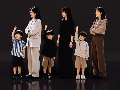 现代简约多人 2D亲子人物组合 多人亲子游 现代一家五口 亚洲人物组合 现代亚洲人