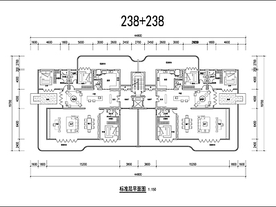 住宅楼建筑 多层 238平米 T2户型 平面图