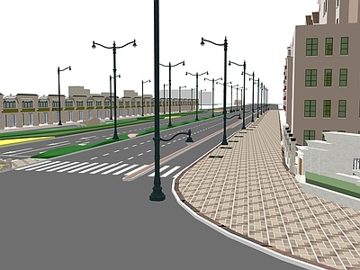 现代商业综合体景观 道路景观 景墙 路灯 街道