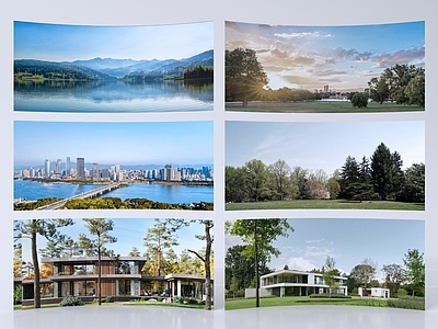 现代主义滨水景观 景观公园小区外景 户外环绕背景