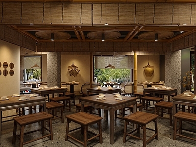 新中式中餐厅 山野风餐厅 中餐厅饭馆 农家菜饭馆 竹席簸箕顶 侘寂风餐边柜