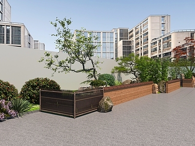 新中式景观办公园区景观 植物景观花园 院子餐厅景观 夯土墙竹篱笆围栏 绿植植物盆景灌木 石头景观