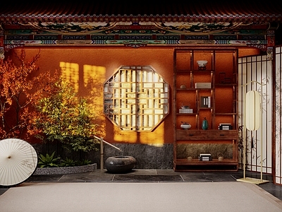 中式茶室 红墙古风 中式小景 中式背景墙 中式茶室 中式休息间