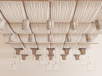 新中式灯笼 帷幔吊顶 纱幔吊顶 灯笼 帷幔