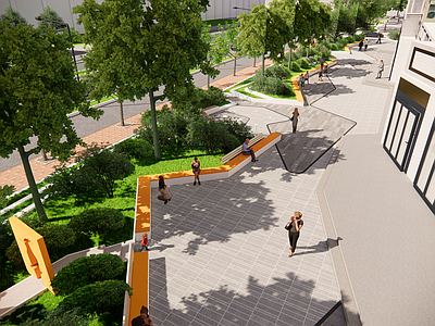 现代口袋公园 城市道路景观 街角景观 人行道景观 沿街商铺 城市绿地