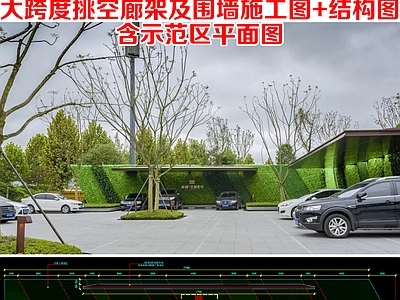 廊架 大跨度悬挑廊架 假草坪围墙景墙 新中式挑台构架
