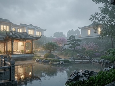 传统园林别墅庭院 中式别墅合院中庭 中式别墅庭院水景 中式小区庭院中庭