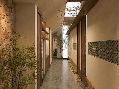 新中式酒店走廊 侘寂餐厅包间走廊 绿植景观 侘寂山野风过道 餐厅过道走廊
