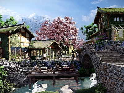 新中式景观文旅项目景观 网红花街 传统商业街区 垂直绿化建筑 古桥码头商业街