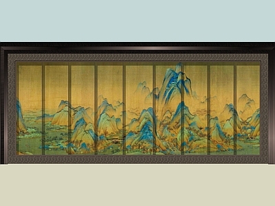 中式景墙 金属景墙 国画屏风 千里江山图 住宅景墙