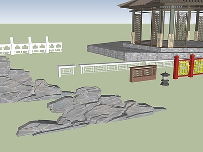 中式其他景观小品 中式小品 景亭 石栏杆 景石 假山