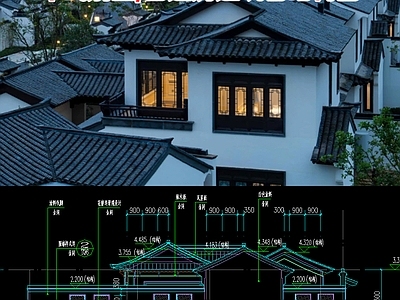 别墅建筑 中式高端别墅建筑 中式自建房建筑 白墙青瓦低层建筑