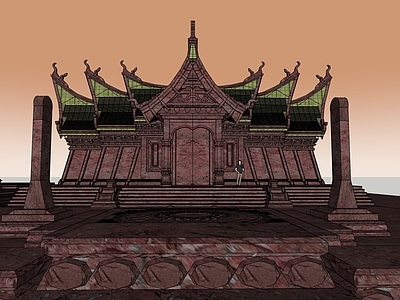 中式古建寺庙建筑 东南亚风格神庙
