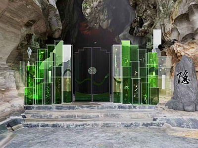 新中式艺术展厅 亚克力绿植景墙 溶洞新中式造景 发光玻璃隔断 禅意溶洞玄关 艺术装置景墙