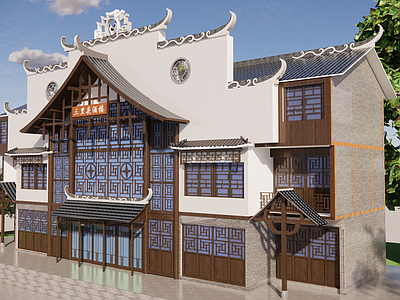 中式古建餐饮建筑 新中式酒楼 中式酒店