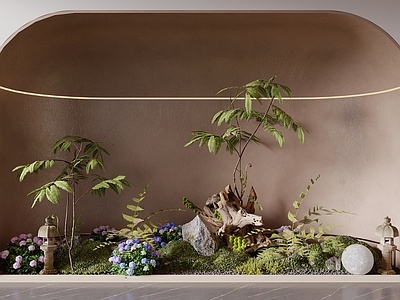 禅意花境 植物造景 苔藓 花池 枯木绿植 室内景观
