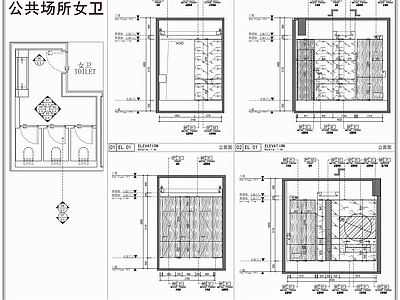 公共卫生间 公共场所女卫 女卫生间洗手台 台盆柜 马桶 卫生间平面立面图