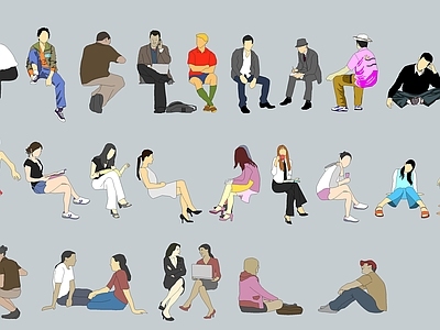 扁平化插画多人 2D时尚坐姿人物 景观小品 多人组合 男人女人素材