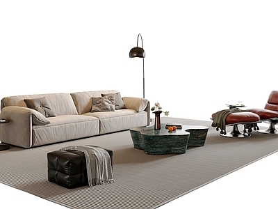 意式极简沙发组合 沙发茶几组合 休闲椅 茶几 落地灯 墩子
