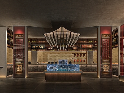 新中式烟酒店 中式明档 隔断 海鲜池 水池