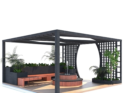新中式景观廊架空间 屋顶花园廊架
